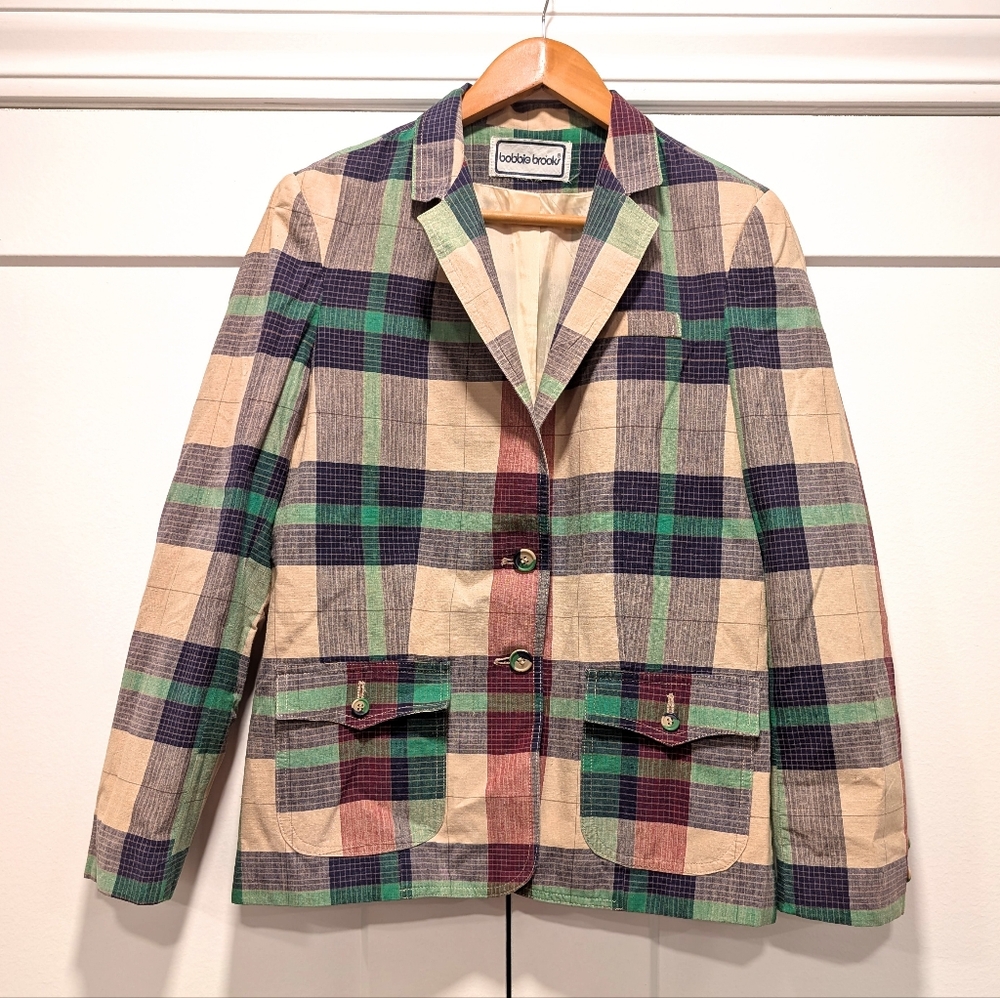 VINTAGE 90s Bobbie Brooks Women's Plaid Blazer Jacket - Navy Green Red Plaid